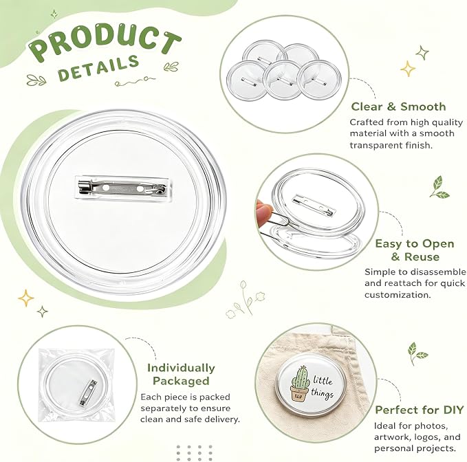 10Pcs 3.11 Inch Clear Button Pins, DIY Photo Acrylic Blank Badge Pins, Snap - Image 2