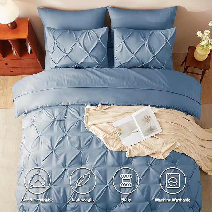 CozyLux King Size Comforter Set Grayish Blue, 7 Pieces Pintuck Bed in A Bag - Image 2
