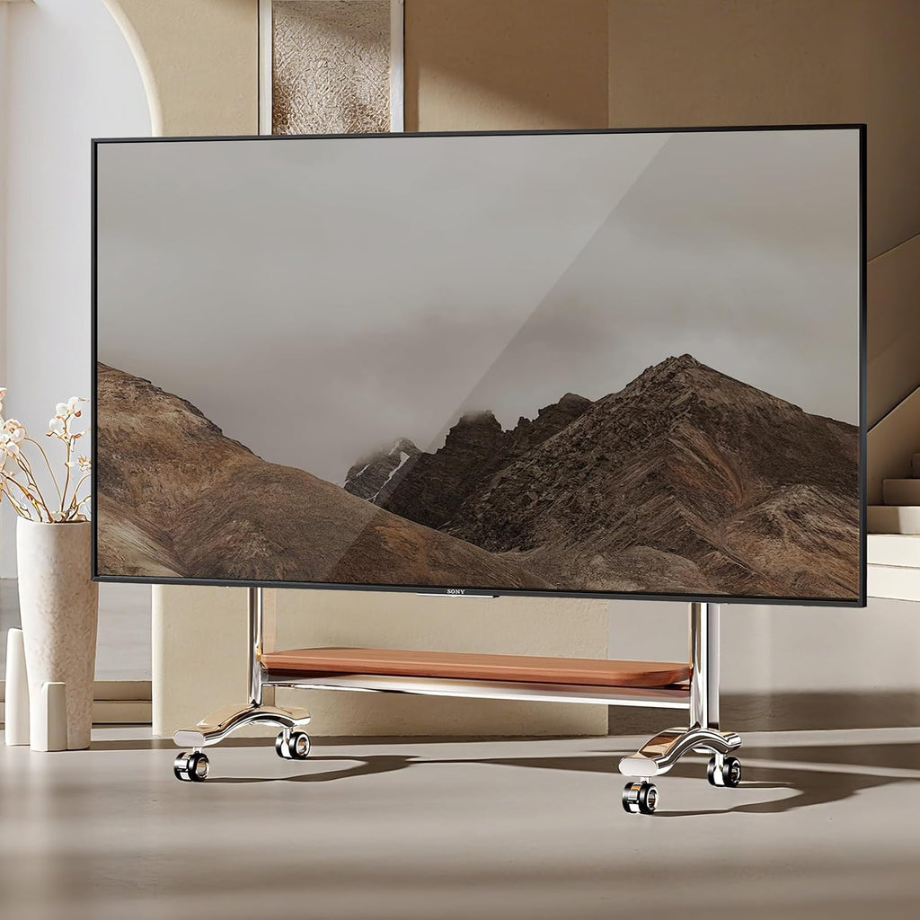 Stainless Steel Art Rolling TV Cart, Mobile TV Stand for 65-110inch TVs, Heavy Duty TV Stand with Wood Shelf&Large Storage Pegboard 220 lb. Load Capacity, Max VESA 1200x600mm (Style 1)