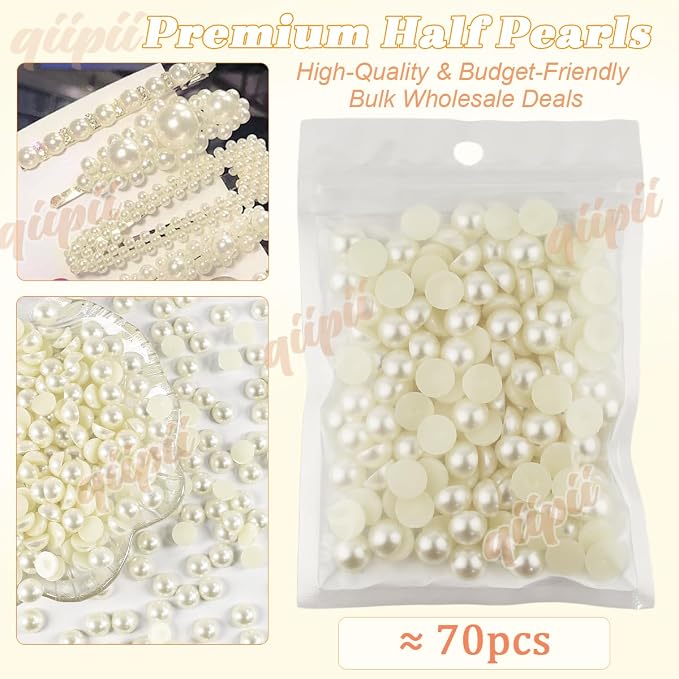 qiipii 70PCS 14mm Beige White Round Half Round Pearls - Image 2