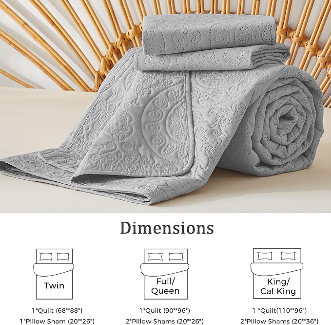 WURUIBO Light Gray Quilt Set Queen Size, Embossing Microfiber Full Bedspreads - Image 6