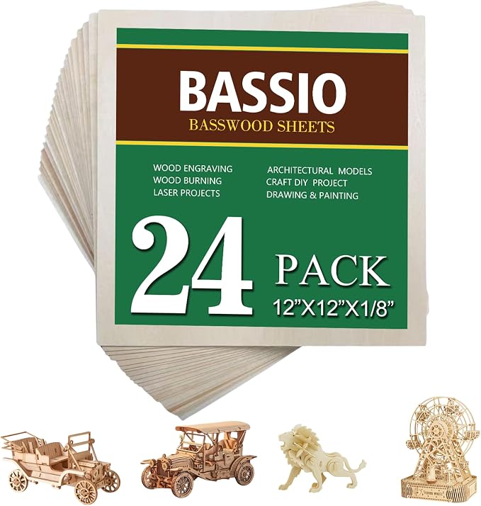 Basswood Plywood Sheets, 24 Pack 12 x 12 x 1/8 Inch Unfinished Plywood Sheets by Unknown