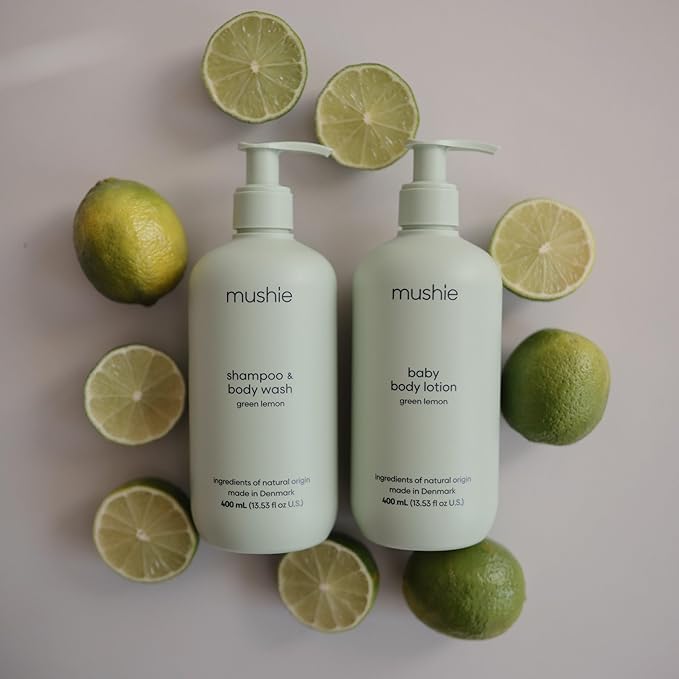 mushie Baby Organic Body Lotion | Moisturize, Soothe, and Hydrates Dry Skin | Made in Denmark, 13.53 fl oz (Green Lemon)
