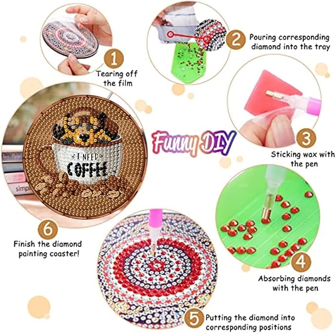 8 Pack Diamond Art Coasters, Coffee Dog Diamond Painting Coasters Kits | Dog - Image 3