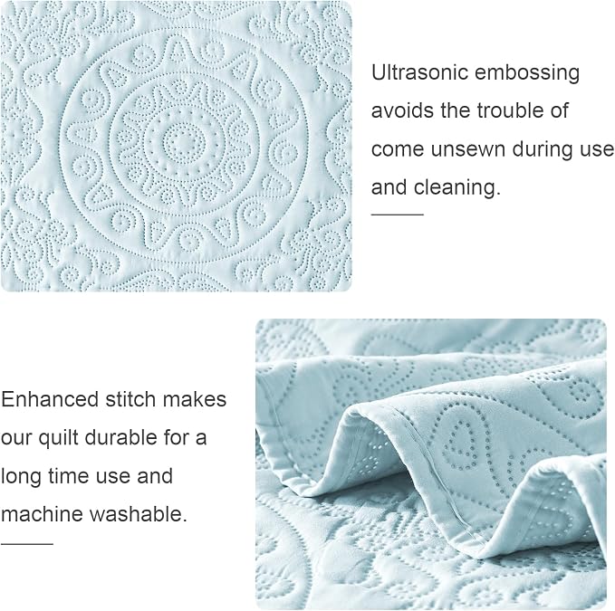 WURUIBO Sky Blue Quilt Set Queen Size, Embossing Microfiber Full Bedspreads - Image 4
