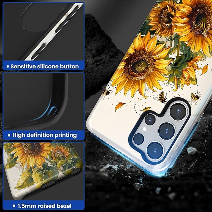 for Samsung Galaxy S25 Ultra Case, Sunflowers Bees Pattern Glossy 2 in 1 - Image 4