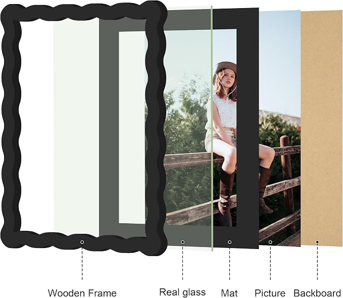 6x8 Picture Frame with Mat for 5x7, Wavy Edge Wooden Real Glass Photo Frame for - Image 5