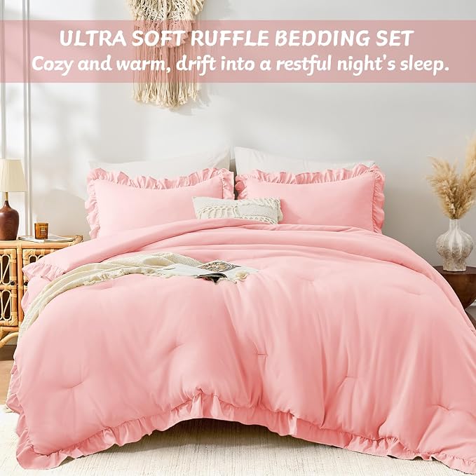 FUANNA Pink Queen Comforter Set, 3 Pieces Ruffle Queen Bed Set, Fluffy Bed in a - Image 5