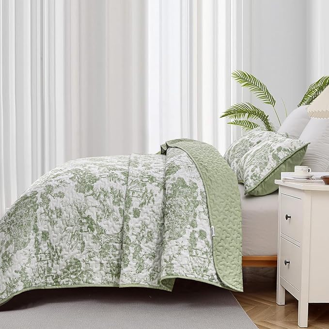 WONGS BEDDING Botanical Quilt Set King, Sage Green 3 Pieces Toile Floral Plants - Image 4