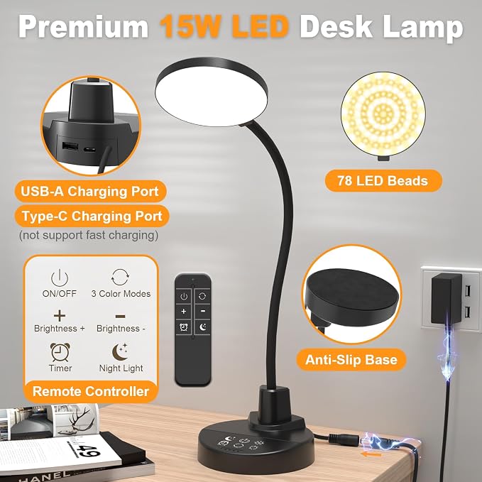 15W LED Desk Lamp with USB Charging Ports, Dimmable Table Lamp with 3 Color - Image 9