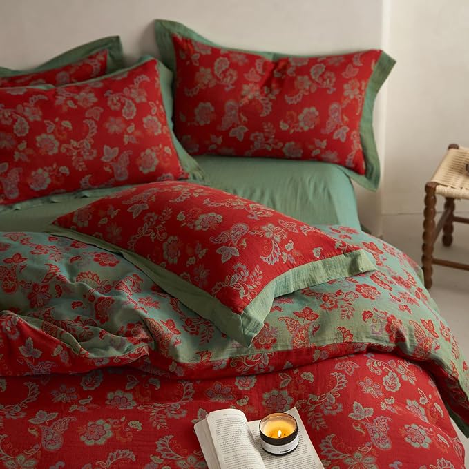 mixinni Exquisite Vintage Red Floral Duvet Cover Queen Size Yarn-Dyed Jacquard - Image 3