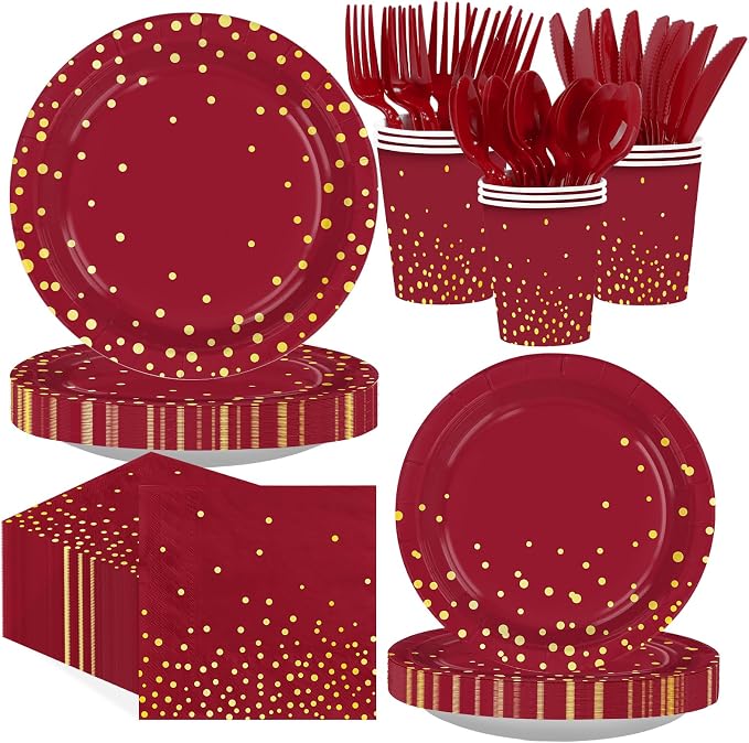 168Pcs Burgundy and Gold Party Supplies Serves 24 | Burgundy Plates and Napkins by Greencian