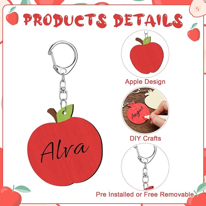 RattanView 24 Pcs Apple Craft Color Your Own Keychains DIY Craft Wooden Blank - Image 3