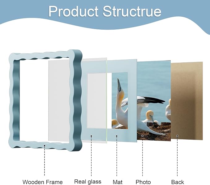 8x8 Picture Frame with Mat for 6x6, Wavy Edge Wooden Real Glass Photo Frame for - Image 5