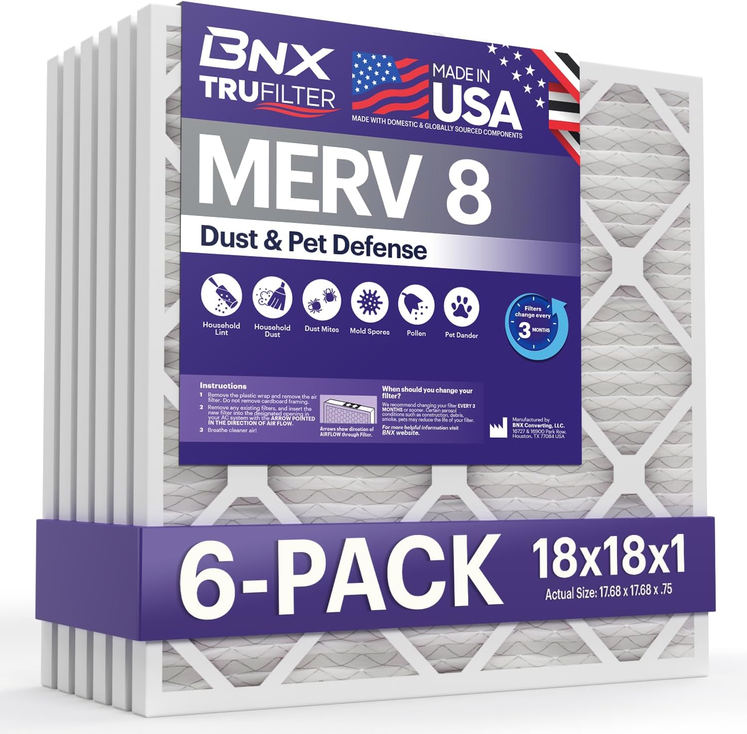 BNX TruFilter 18x18x1 Air Filter MERV 8 (6-Pack) - MADE IN USA – Dust & Pet Defense Air Conditioner HVAC AC Furnace Filters for Dust, Pet, Mold, Pollen MPR 600 – 700 & FPR 5
