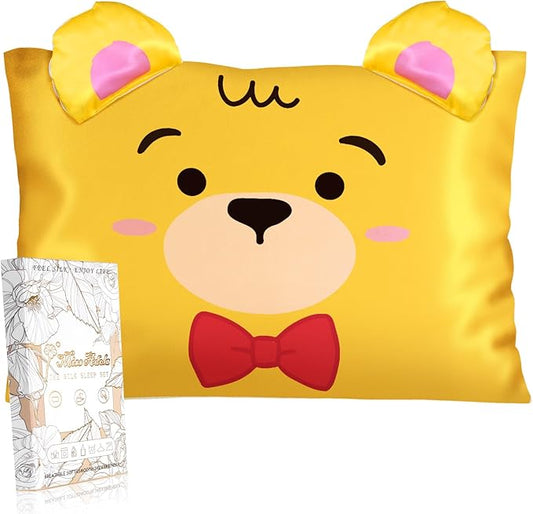 Kids Pillowcases Standard Size 20"x26" - Cute Cartoon Soft Breathable Silk Pillow Cases for Hair and Skin with Hidden Zipper for Girls Fun Kawaii Design for Bedding, Yellow Bear