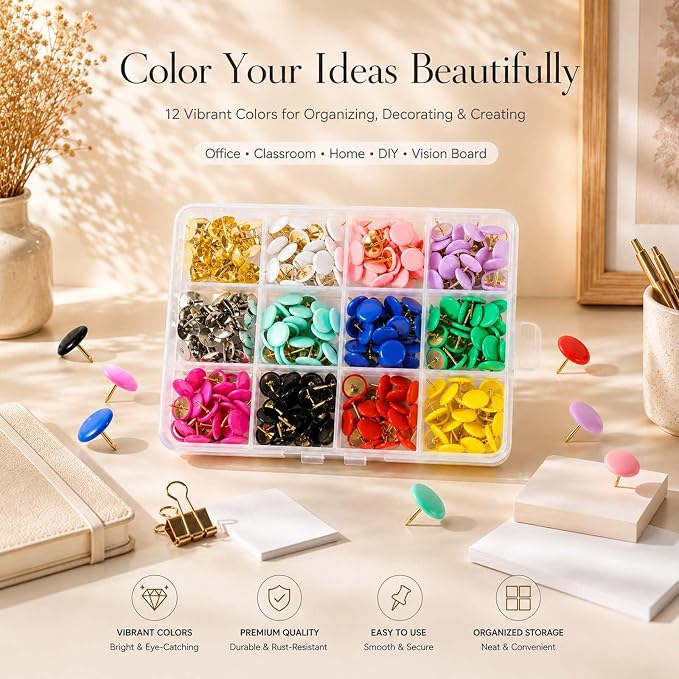 12 Colors Thumb Tacks 264PCS Plastic Round Head Thumbtack Metal Flat Push Pins - Image 6
