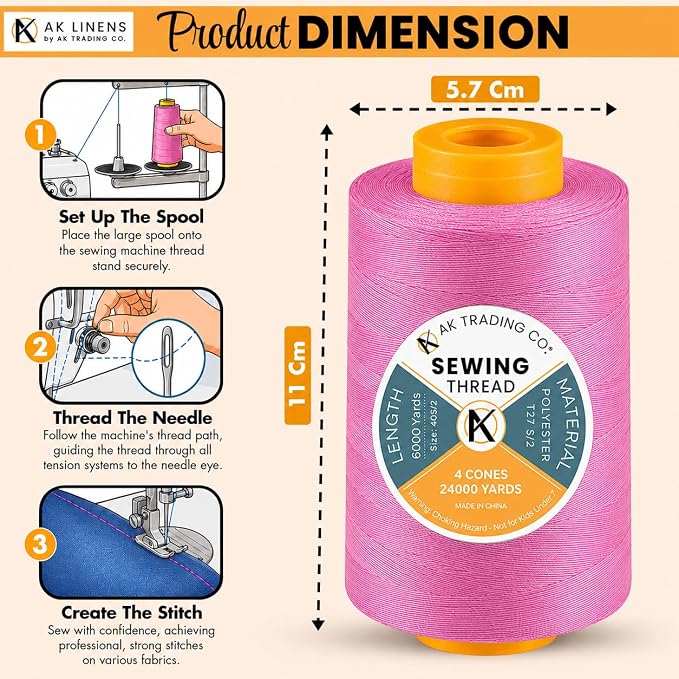 AK TRADING CO. 4-Pack Rose Pink All Purpose Sewing Thread Cones of High Tensile - Image 2