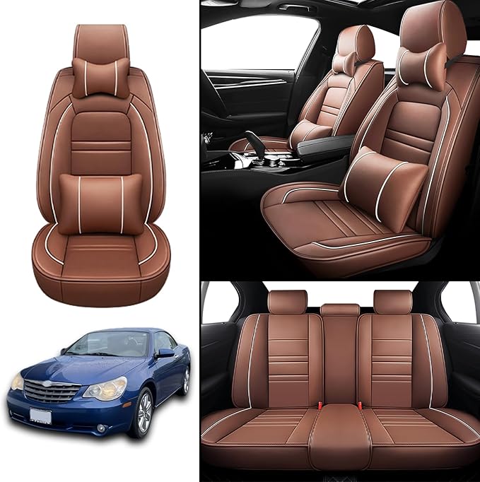 Car Seat Covers for Chrysler Car Sebring 2000-2010 | 5-Seats Seat Covers, Waterproof Seat Protectors, Automotive Seat Covers (Full Set with Pillow,Coffee)