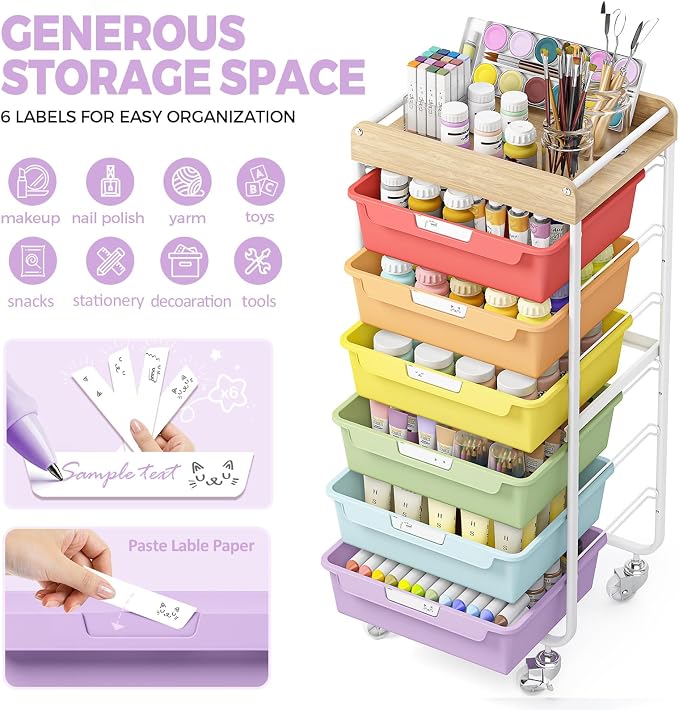 SYKIARIOL Rolling Cart with 6 Drawers, Utility Storage Cart with Labeling Jelly - Image 5