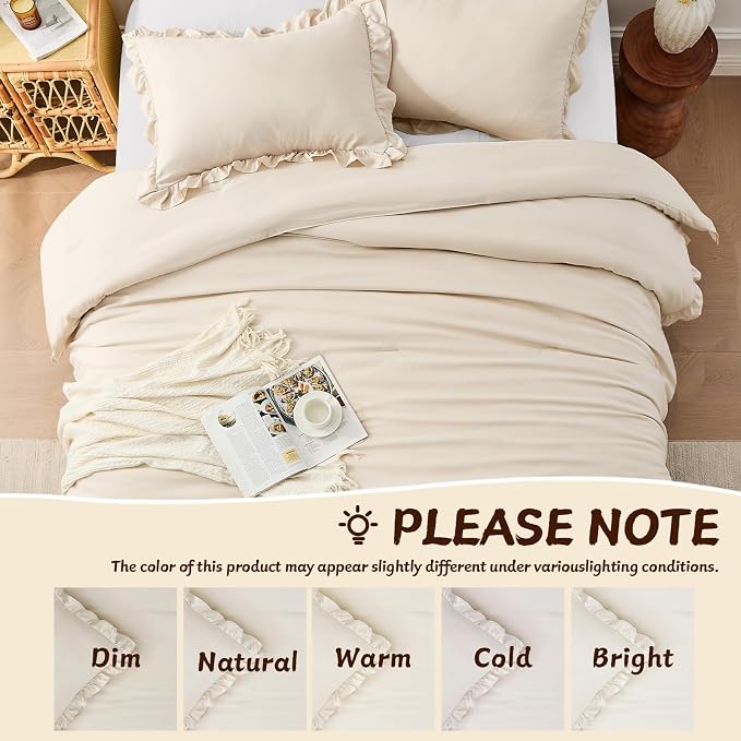 FUANNA Full Size Comforter Sets Beige, 3 Pieces Ruffle Full Size Bedding Sets - Image 7