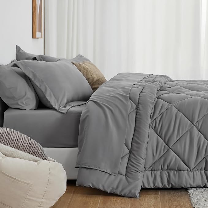 Love's cabin Queen Comforter Set Grey, 7 Pieces Queen Bed in a Bag, All Season - Image 3
