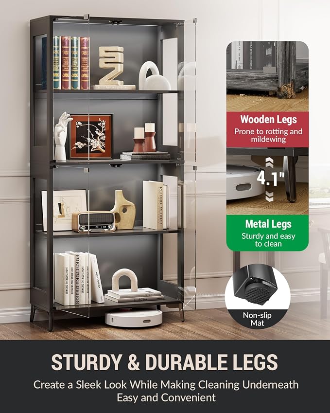 Glass Display Cabinet with Doors, 4-Tier Display Case with Adjustable Shelves - Image 6