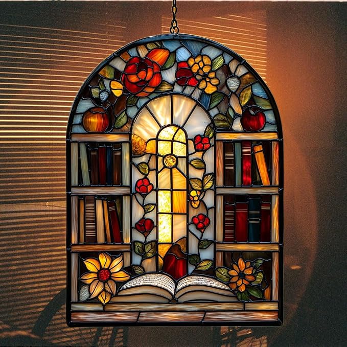 Antique Library Bookshelf Acrylic Suncatcher Stained Glass Effect Window Car - Image 7