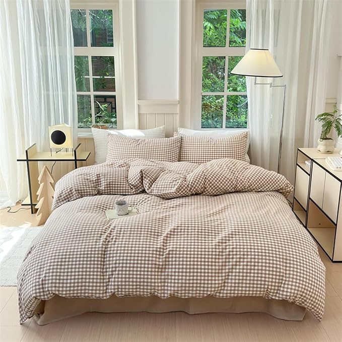 Nayoroom Brown Gingham Duvet Cover Twin Size Tan White Plaid Checkered Duvet by Nayoroom