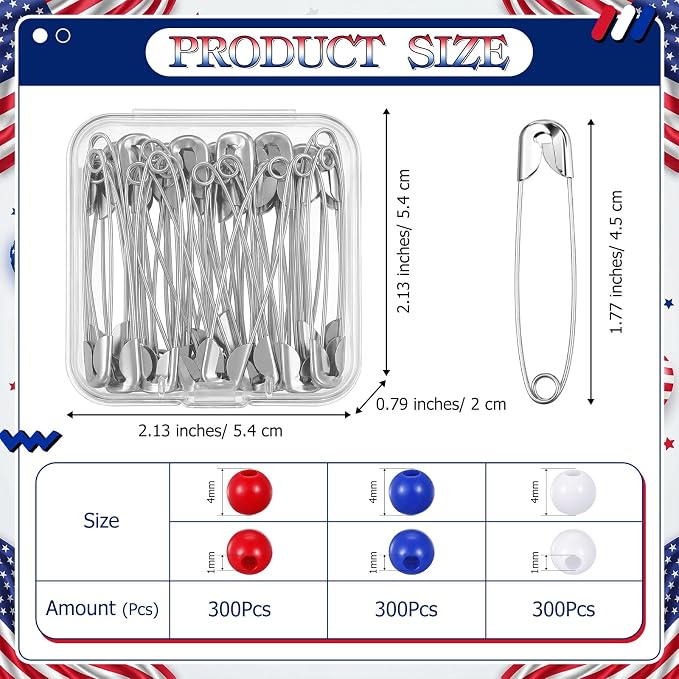 40 Safety Pin Fashion Bulk Include Safety Pin and Small Beads, Flag Bead Craft - Image 2