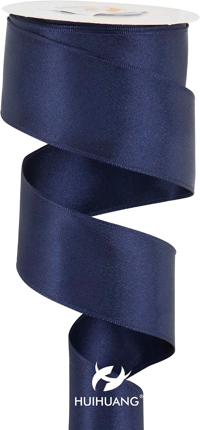 HUIHUANG Navy Blue Satin Wired Ribbon 1-1/2 inch Navy Double-Faced Satin Wire - Image 6