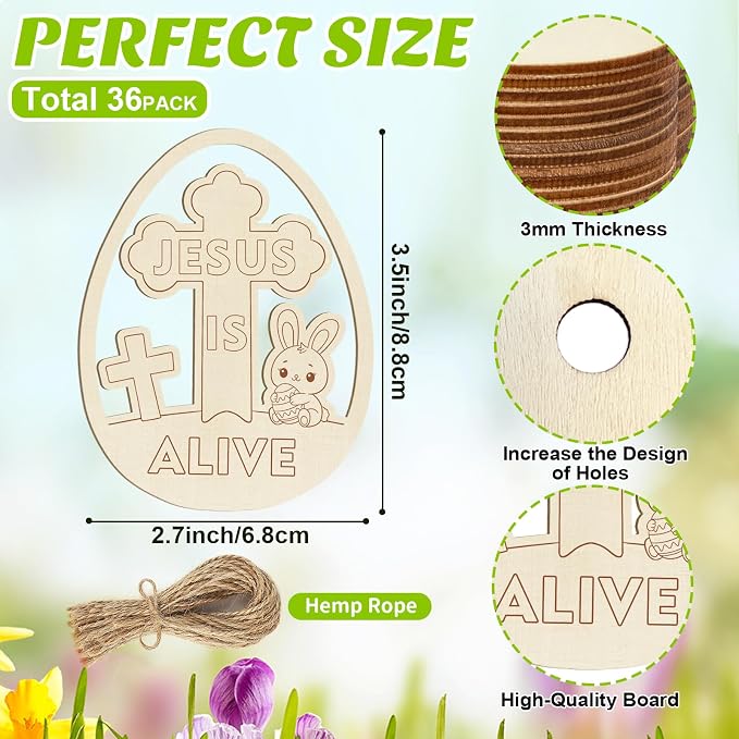 36PCS Wooden Easter Ornaments to Paint, Christian DIY Blank Unfinished Wood Egg - Image 6