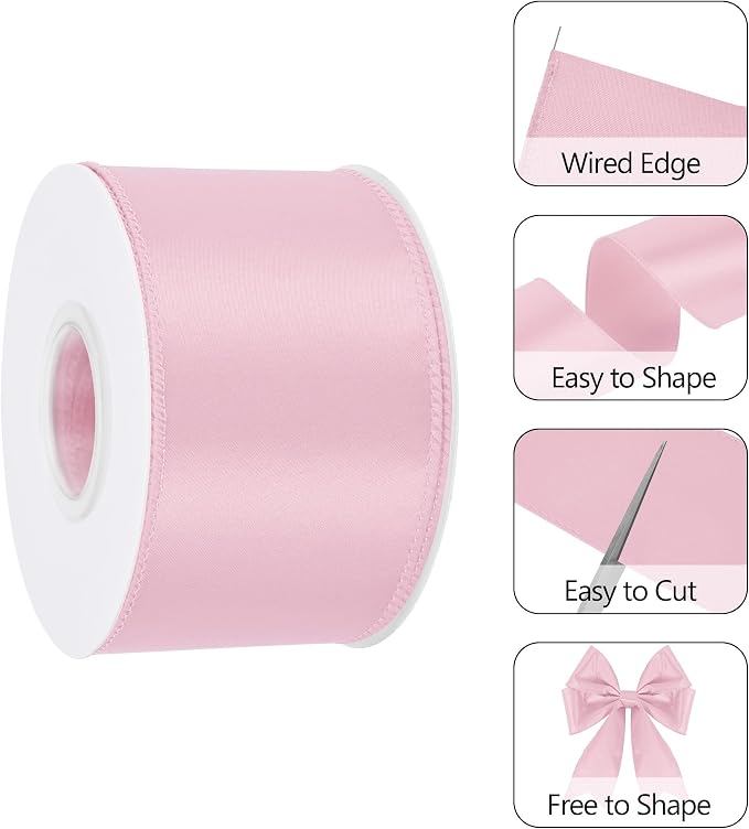 Lt Pink 2.5 Inch 25 Yards Satin Wired Ribbon Easter Ribbons - Image 3