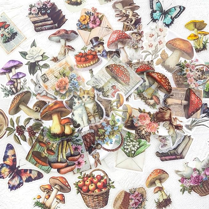 YOKSAS 50PCS Vintage Nature Mushroom Clear Scrapbook Stickers – Retro Botanical by YOKSAS