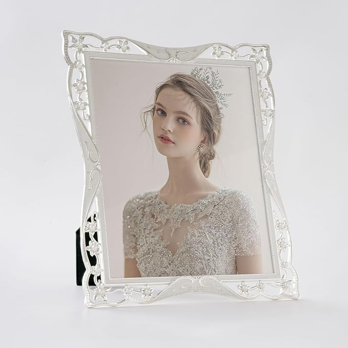 DIKAR Vintage 8x10 Picture Frame, Pearl and Flower Decoration Silver Metal - Image 4