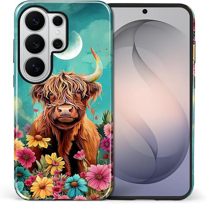 for Samsung Galaxy S26 Ultra Case, Highland Cow Flower Pattern Glossy 2 in 1 - Image 2
