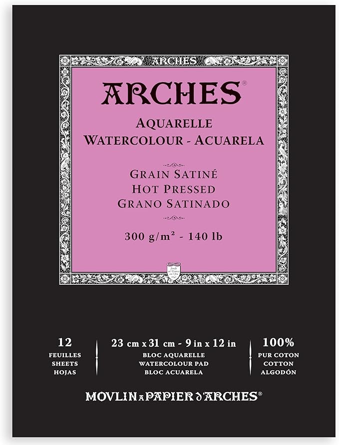 Arches Aquarelle Watercolor Pad, Hot Pressed, 140lb/300gsm, 12 Sheet, 9x12 inch by ARCHES
