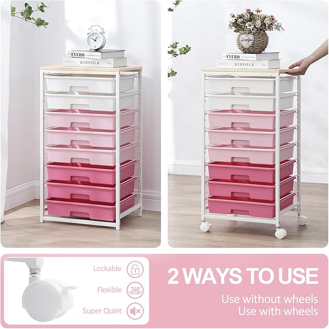 Rolling Cart with Drawers, Storage Cart with 8 Drawers and Wooden Tabletop - Image 5