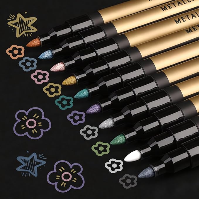 10 Color Metallic Markers, Glitter Metallic Acrylic Paint Pens, Permanent by Mkobon