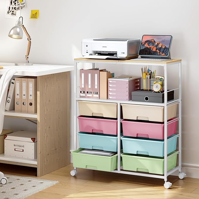 Rolling Cart with 8 Drawers, Storage Drawer Cart with Wooden Tabletop, Lockable - Image 2
