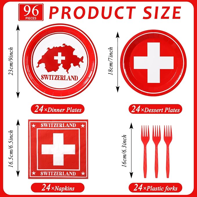 96pcs Switzerland Party Supplies Tableware Set Swiss Flag Party Paper Plates - Image 2