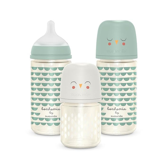 Suavinex Bonhomia Glass Baby Bottle with SX PRO Silicone Nipple, Anti Colic Baby Bottles, Baby Bottles for Breastfed Babies, 3 Pack, Mint/Beige