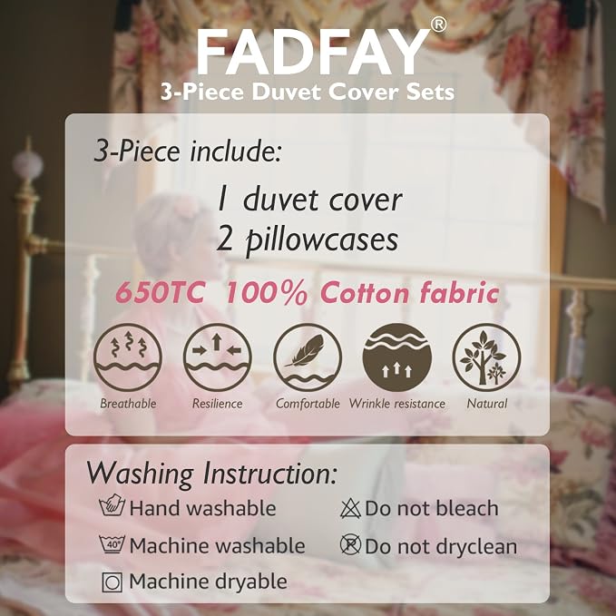 FADFAY Shabby Vintage Duvet Cover Twin XL Dorm Bedding Fashionable Rose and - Image 9