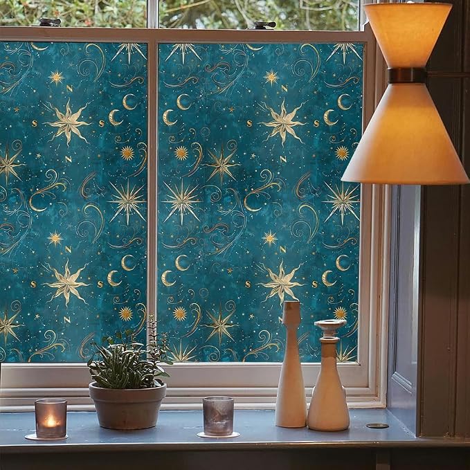 Teal Blue Navy Yellow Star Ethnic Stained Glass Window Films Decorative - Image 3
