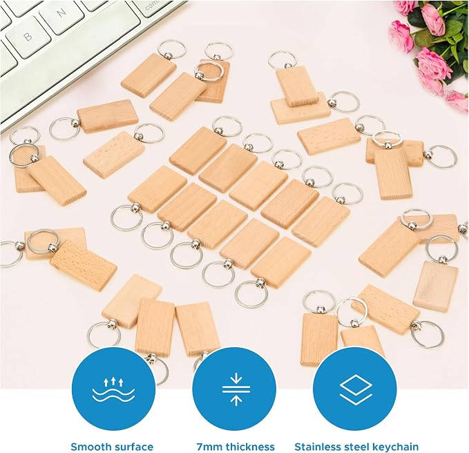 OMTech Wooden Keychain Blanks, Wood Key Chain Bulk, Unfinished Wooden Key Rings - Image 3