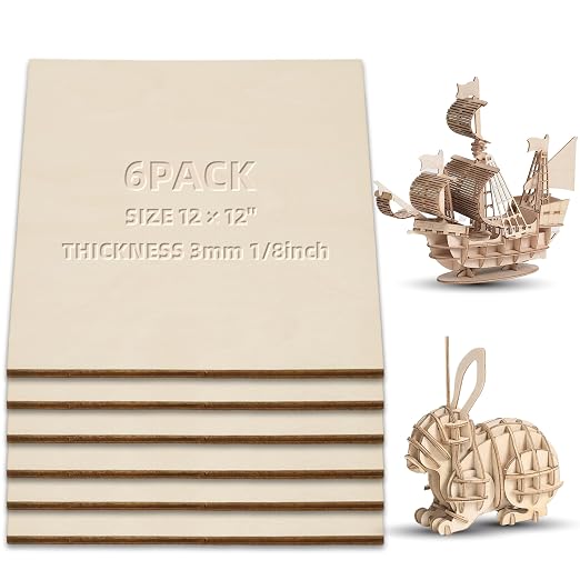 3 mm Birch Plywood 1/8 x 12 x 12 Inch, 6 Packs Craft Wood, Stronger Than by Unknown