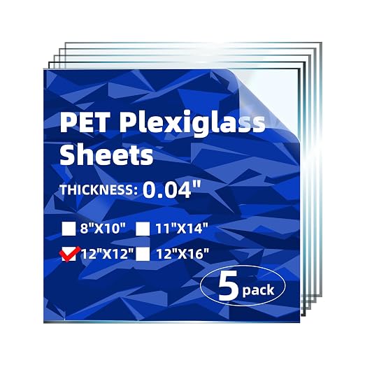 5-Pack of 12×12" x 0.04" PET Plexiglass Sheets, Transparent Clear Flexible by MorefaLife