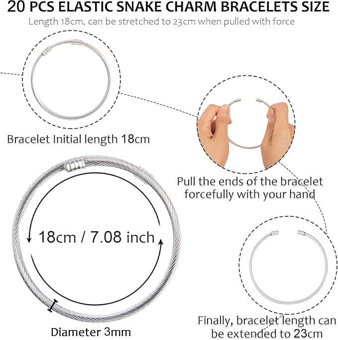 ZYEHXED 20 Pieces Snake Charm Bracelet Stainless Steel 3mm Expandable Charm - Image 3