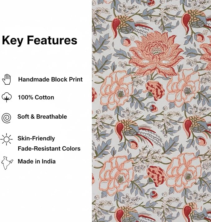 E-Tailor® Hand-Block Printed Pre-Cut Floral Cotton Fabric - Image 3