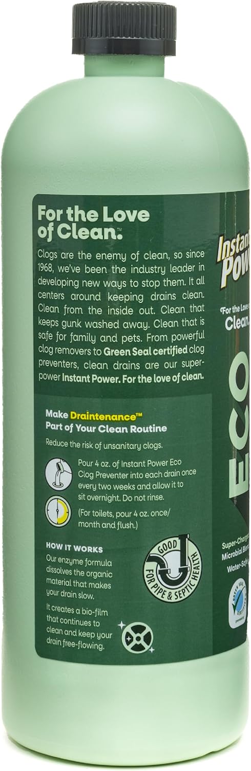 Instant Power Eco Clog Preventer - Enzyme Drain Cleaner Liquid and Deodorizer for Sink, Shower, Toilet, Garbage Disposal Cleaner, Bio-Based Drain Defense, Smell Remover and Odor Eliminator - 32 fl oz